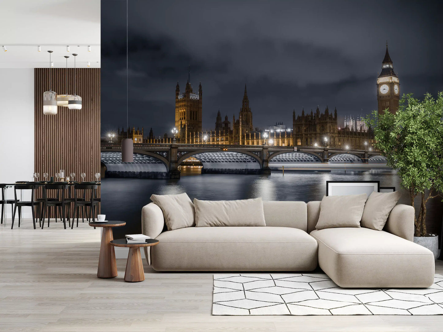 Urban landscape wall mural with bright London city lights