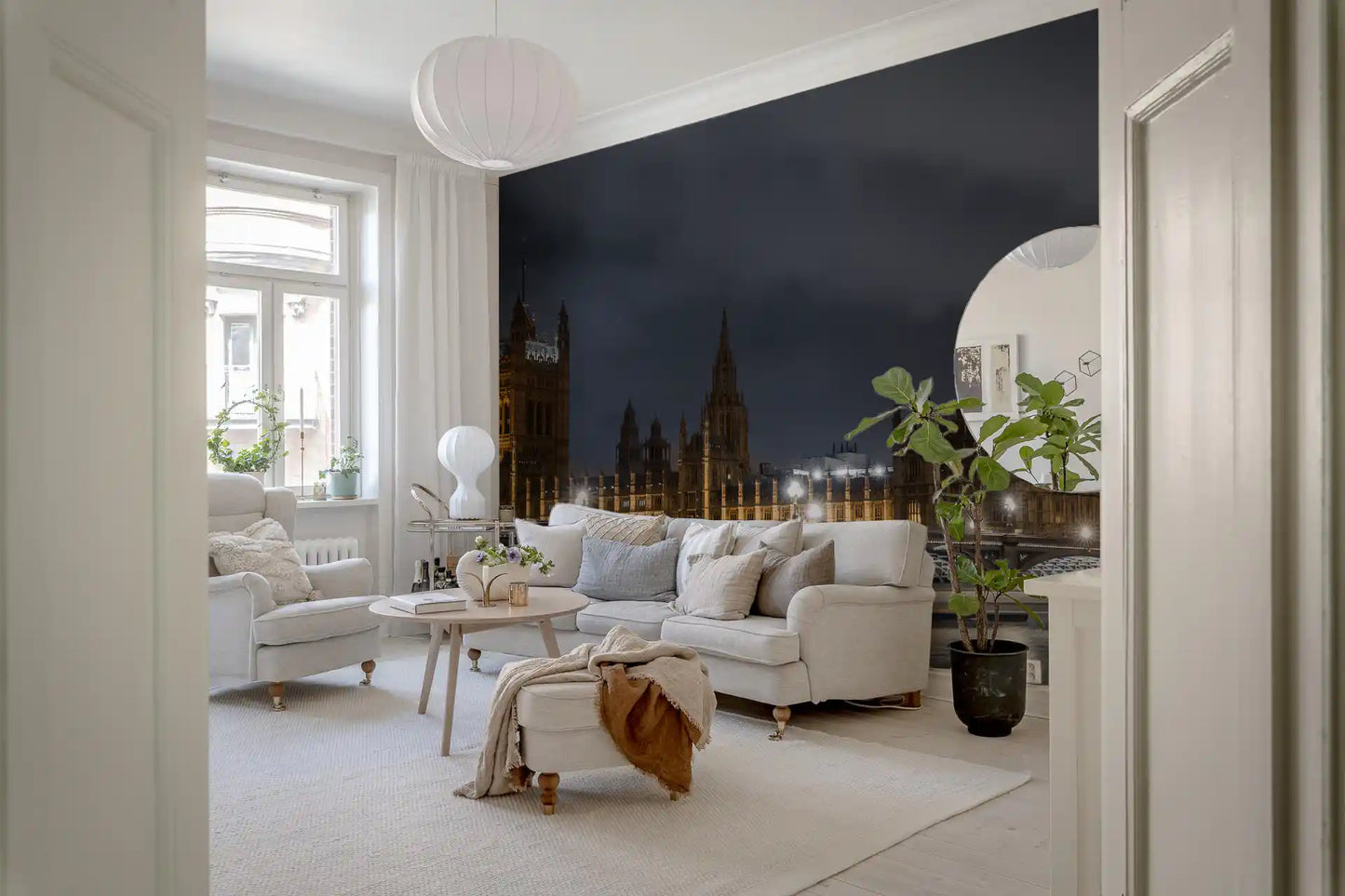 London landmark wall mural with city lights after sunset