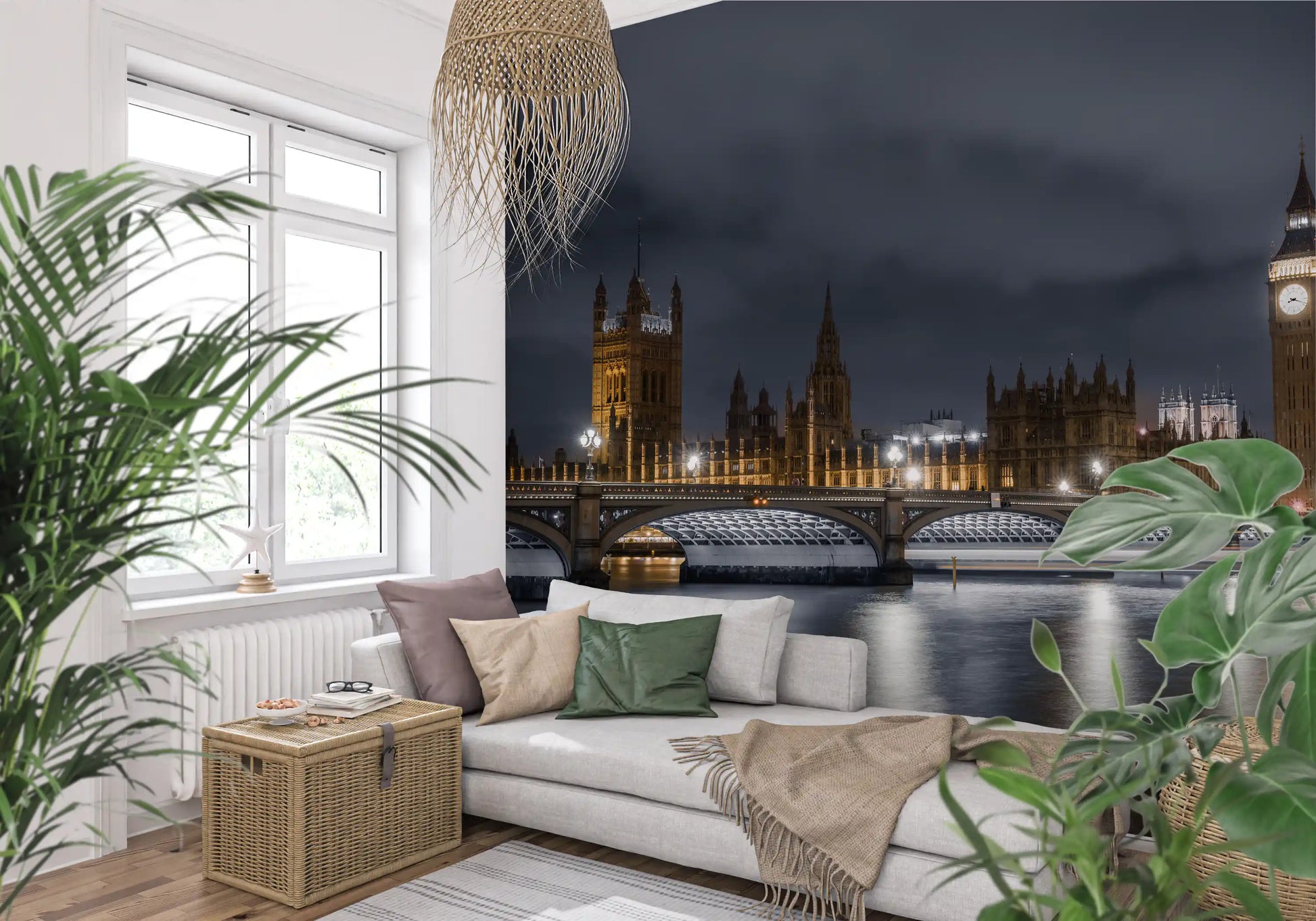 Cityscape wall mural with glowing waterfront and landmarks