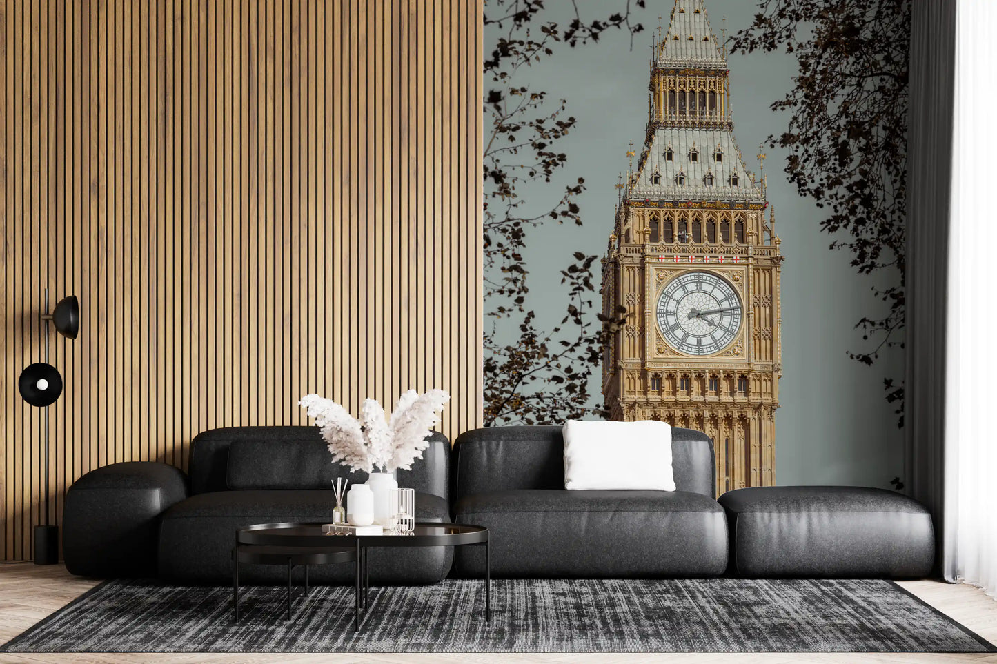 Urban wall mural showcasing illuminated London skyline views