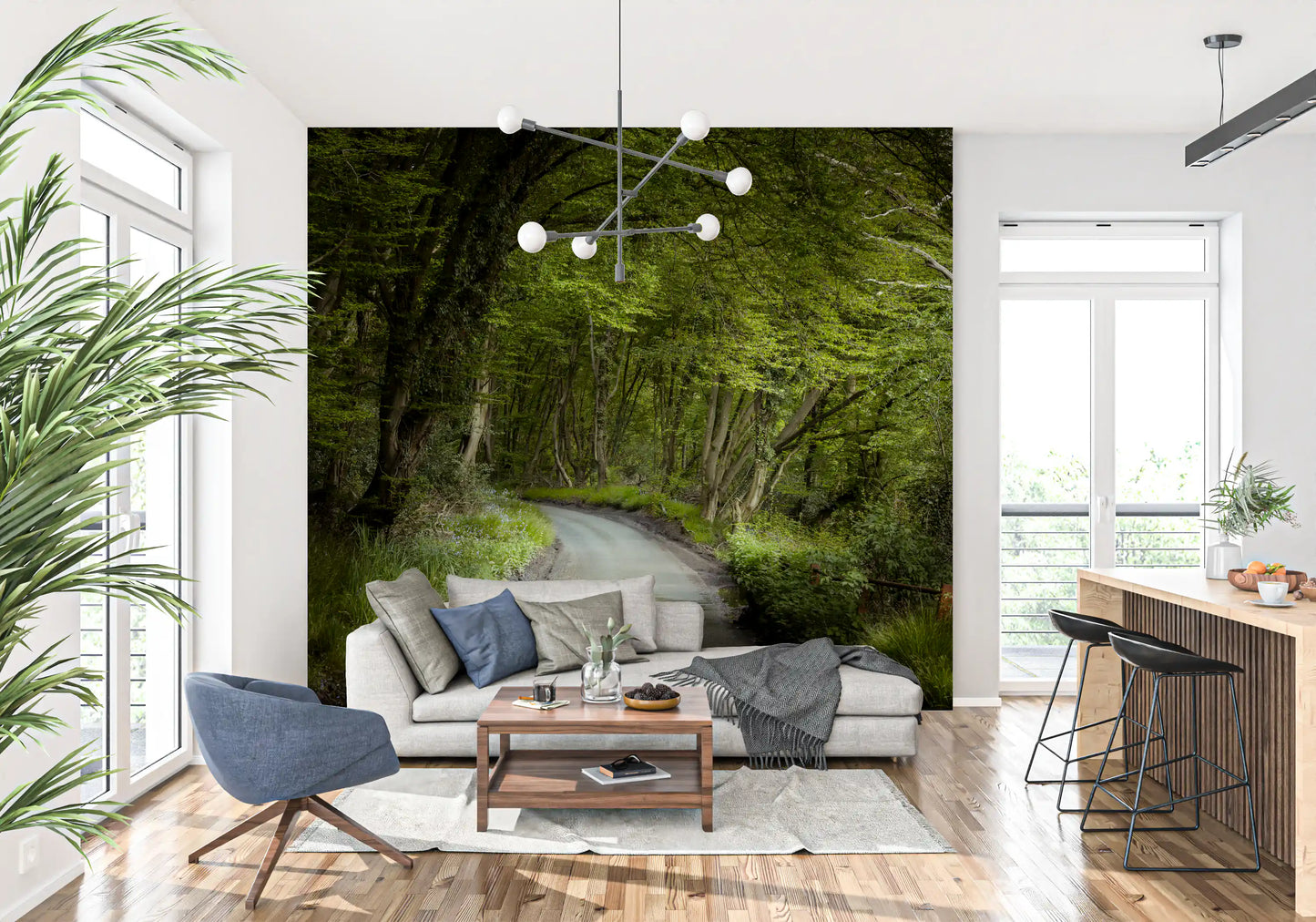 Woodland trail wall mural featuring dense trees and foliage