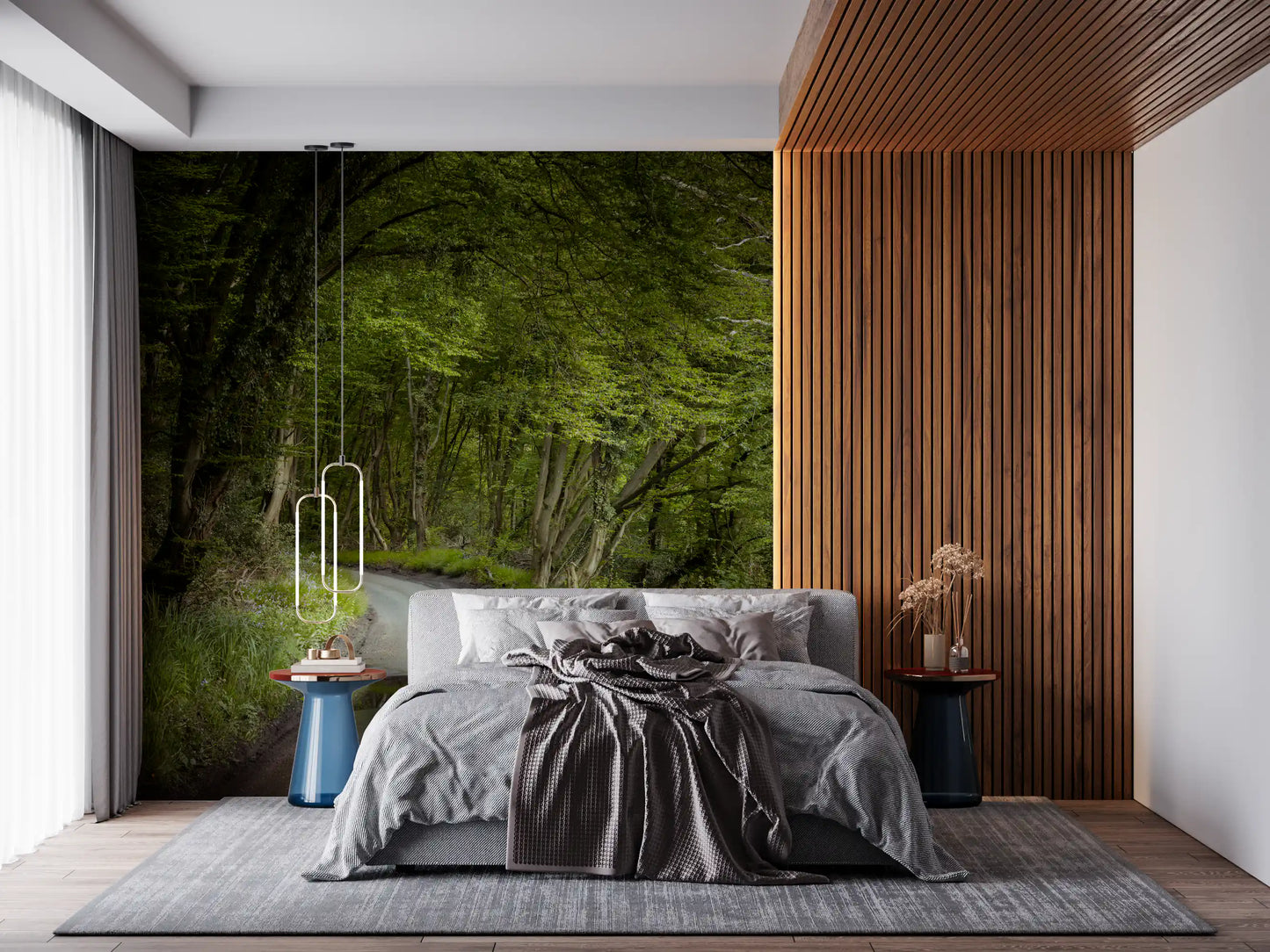 Forest trail wall mural surrounded by rich green foliage