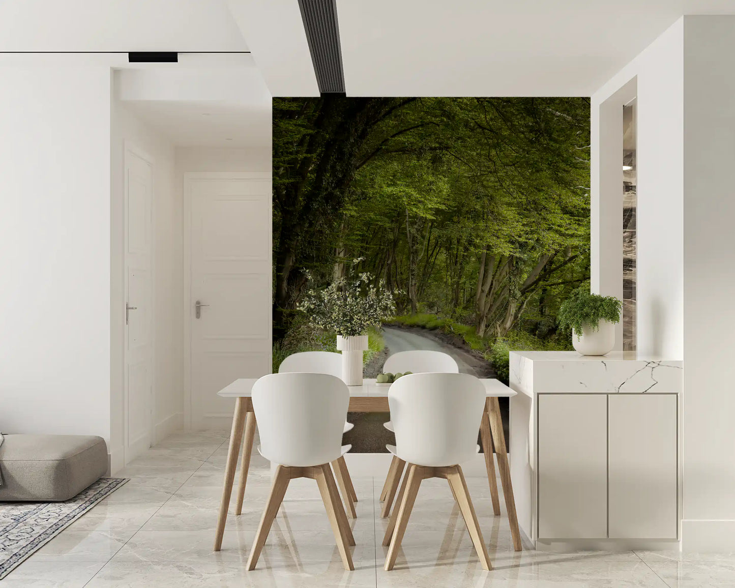 Scenic woodland wall mural with a winding walking trail