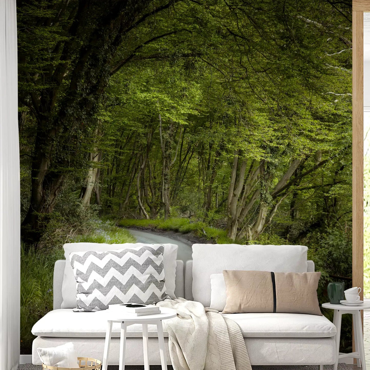 Forest pathway wall mural with lush greenery and sunlight
