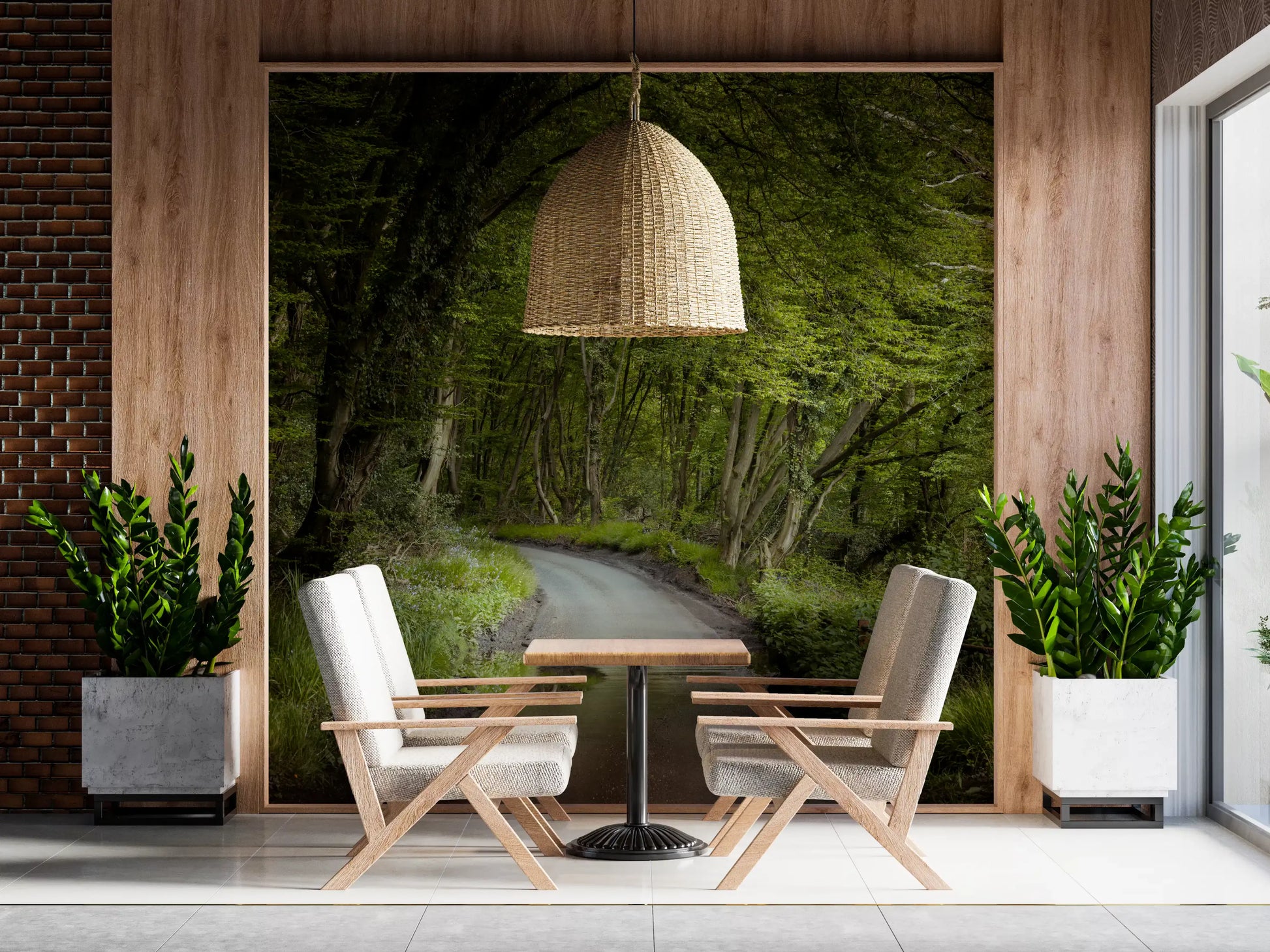 Nature wall mural with winding path through green forest