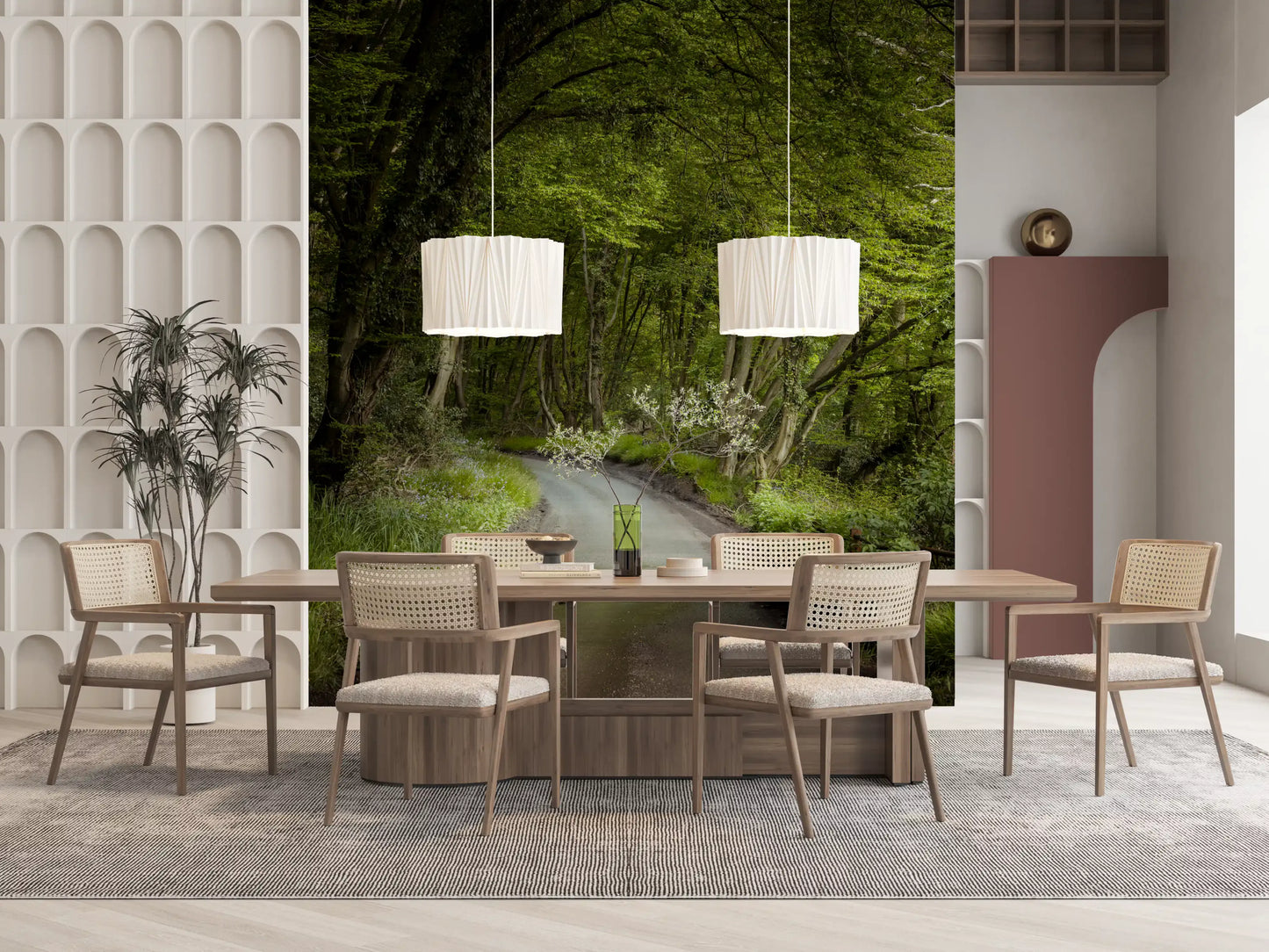 Green forest wall mural with layered trees and natural light