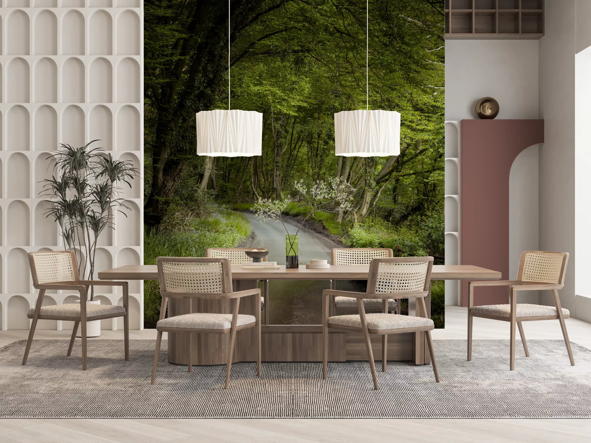 Green forest wall mural with layered trees and natural light