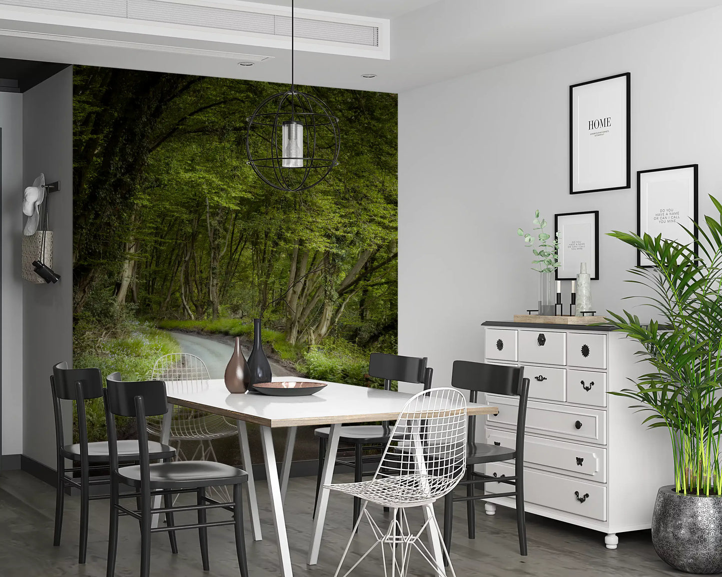 Nature inspired wall mural with woodland path and trees
