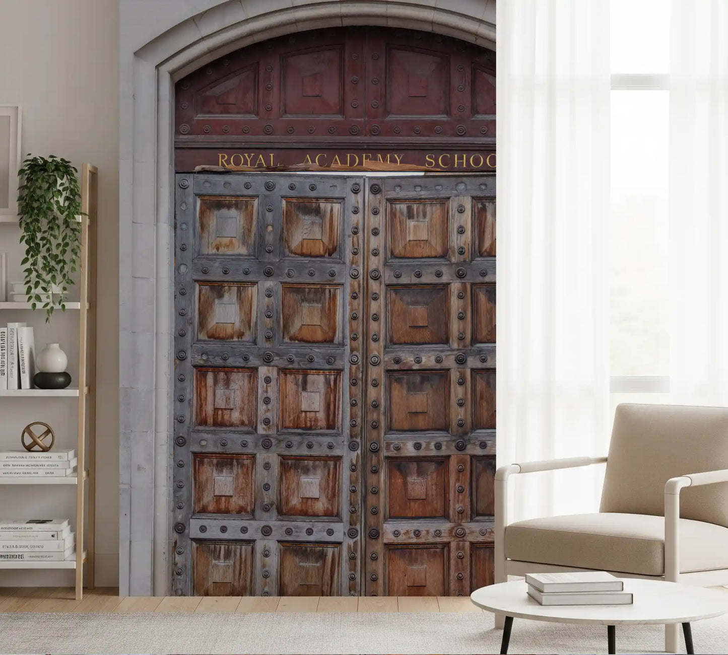 Traditional academy entrance wall mural with weathered stonework