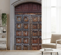Traditional academy entrance wall mural with weathered stonework