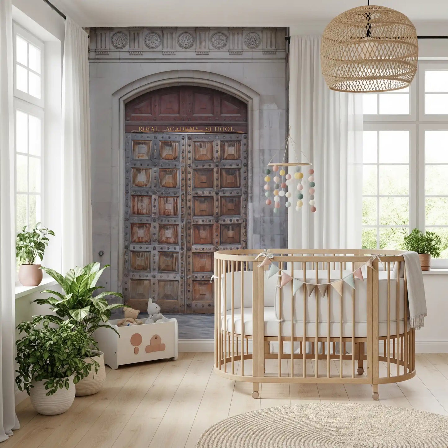 Classic academy entrance wall mural featuring aged stone details
