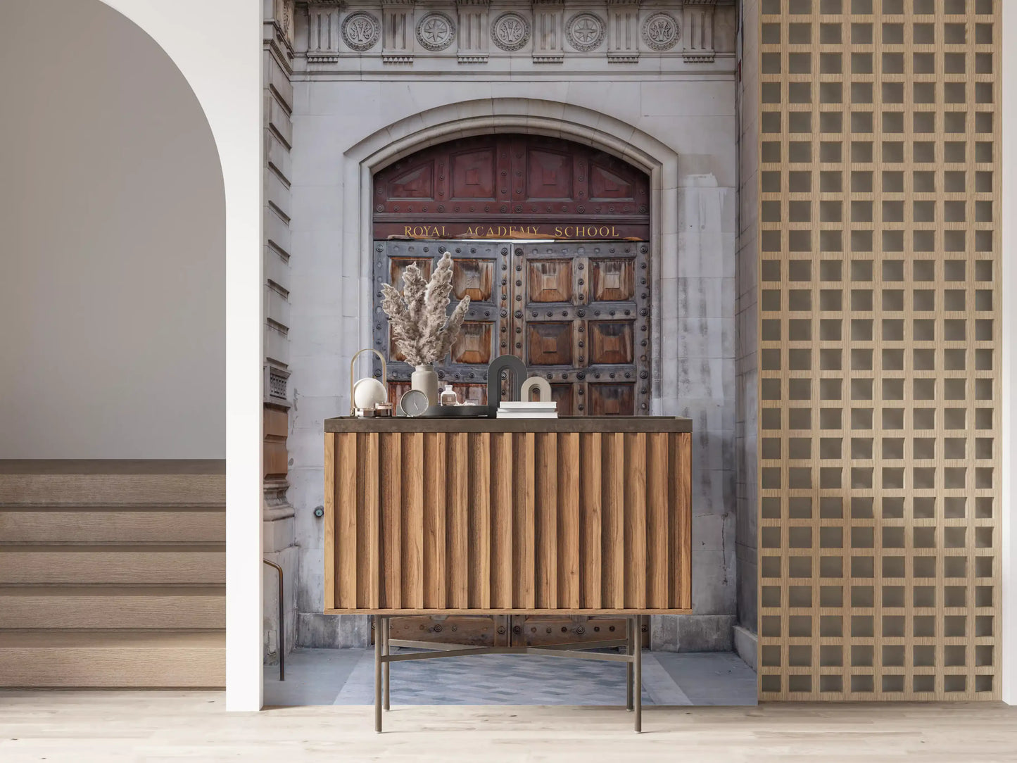 Detailed arch entrance wall mural with classic academic character