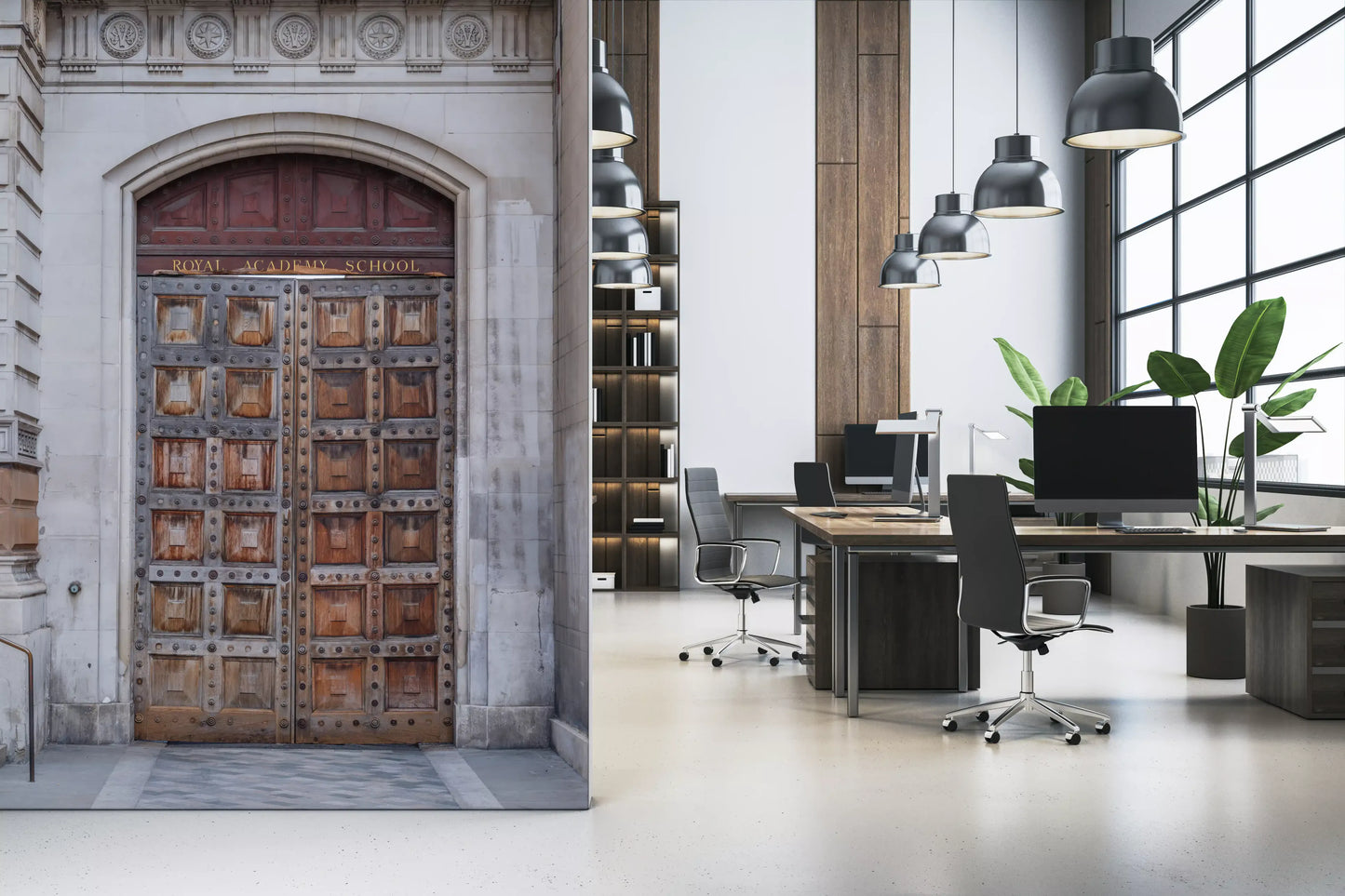 Stone academy gateway wall mural with timeless heritage styling
