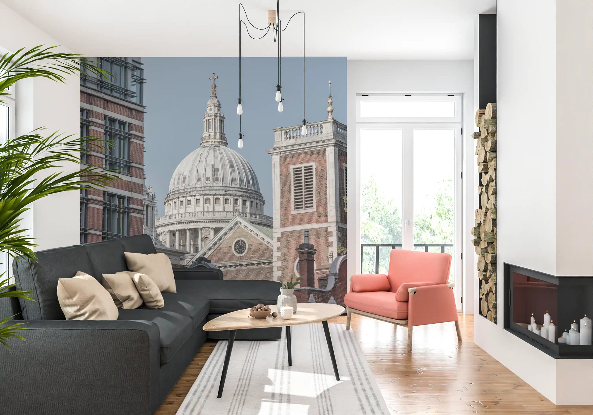 Historic city wall mural highlighting a grand London dome scene