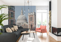 Historic city wall mural highlighting a grand London dome scene