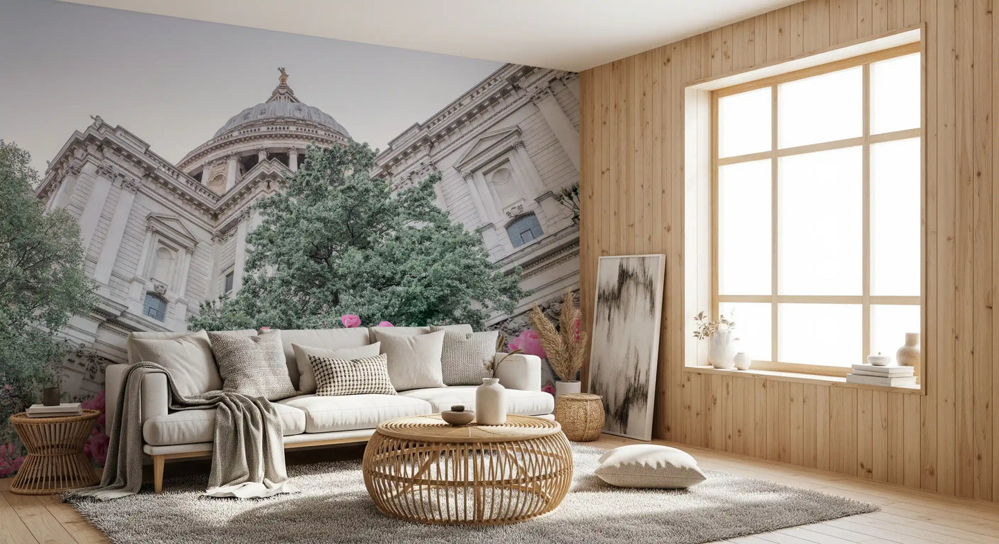 Floral cityscape wall mural with iconic London architecture