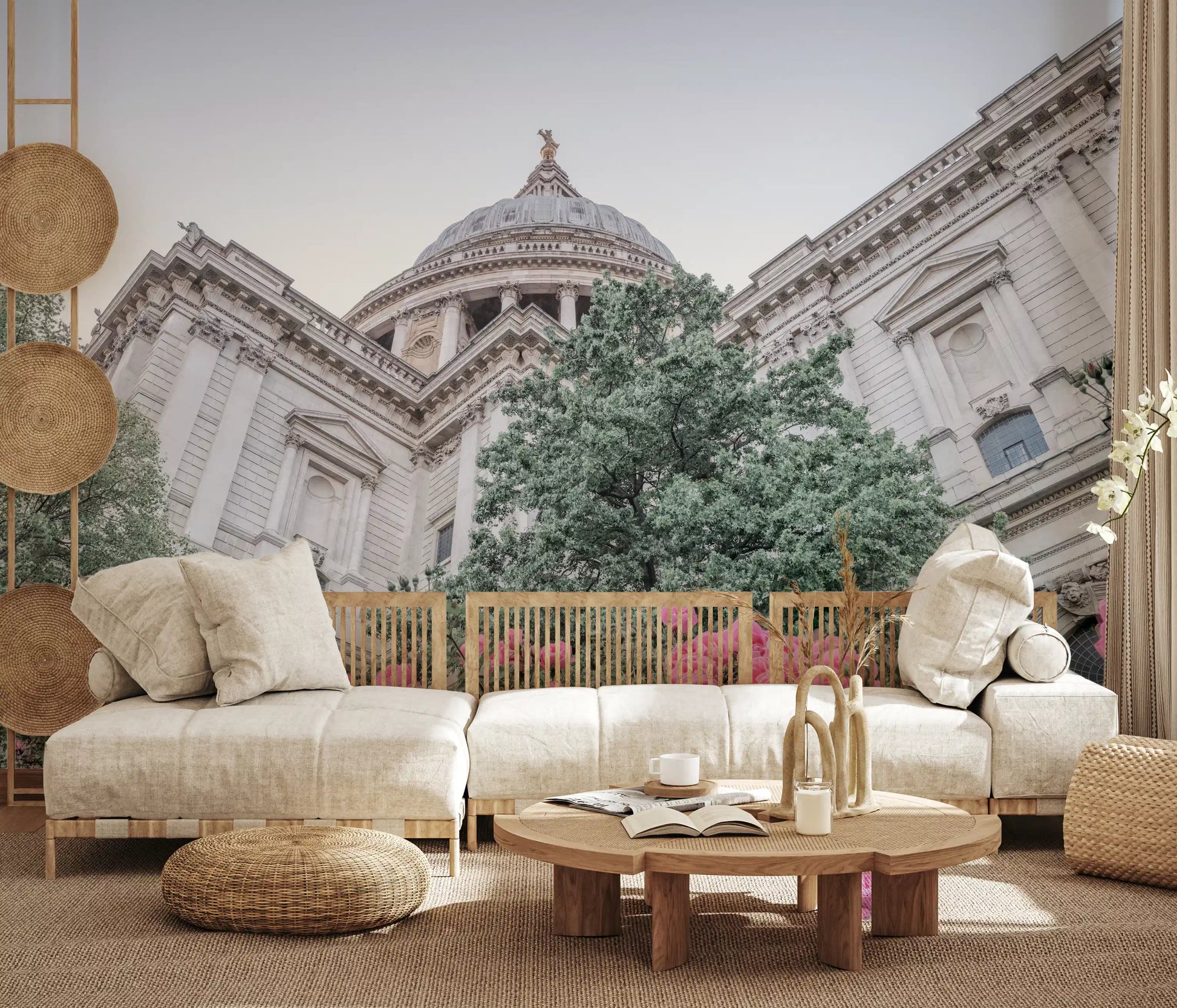 Floral landscape wall mural featuring roses and London landmark