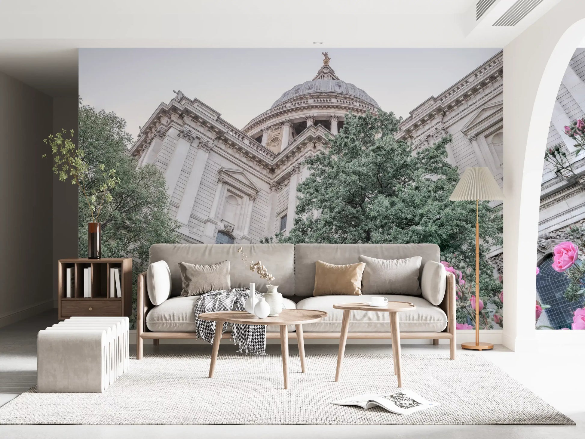London garden wall mural featuring colourful flowers and greenery