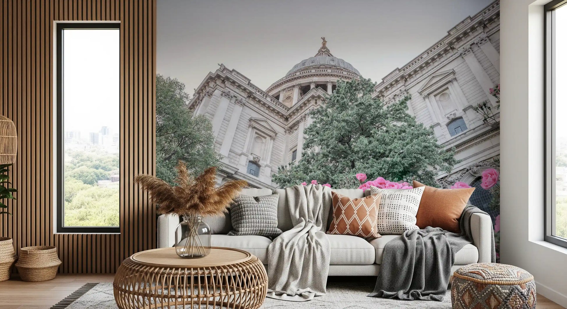 Rose filled wall mural featuring St Pauls and garden pathways