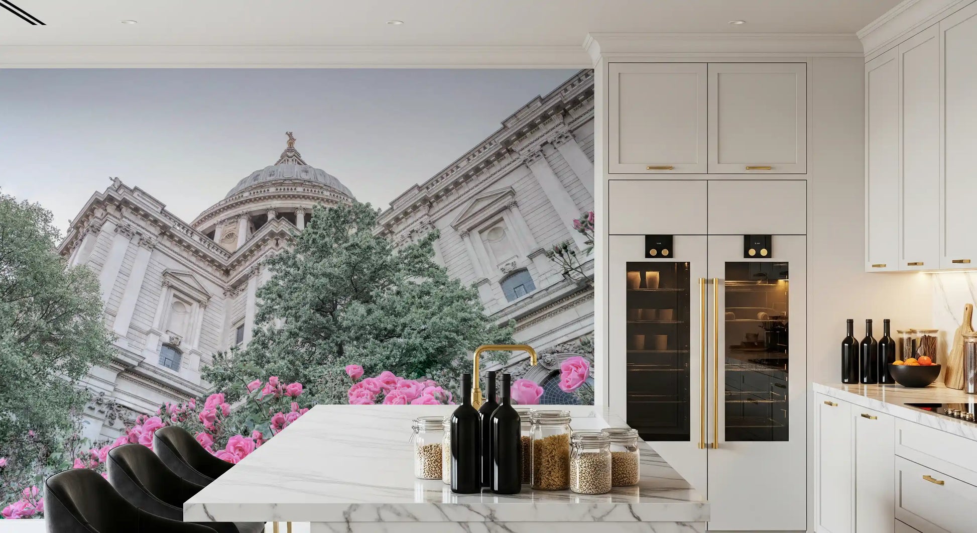Historic London wall mural surrounded by vibrant rose gardens