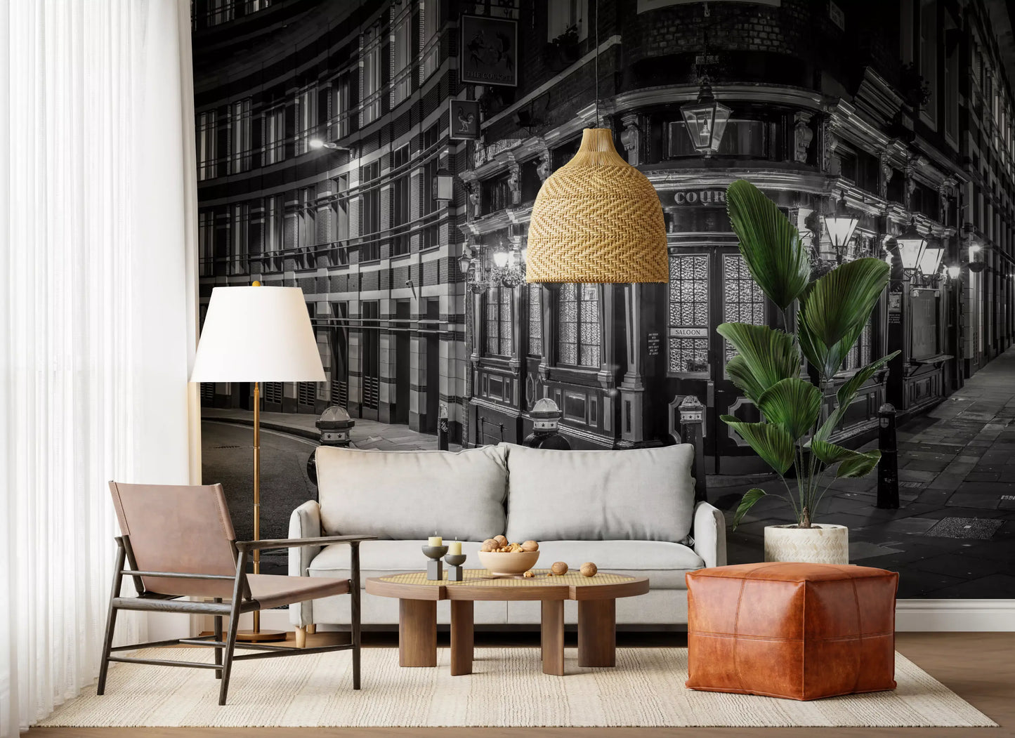 Urban street scene wall mural with warm architectural lighting