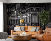 Historic London city wall mural featuring illuminated buildings