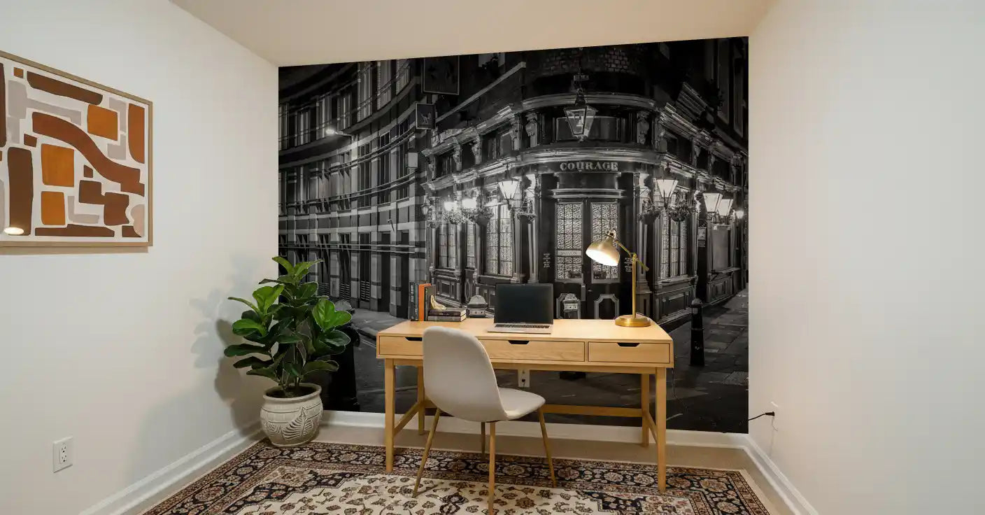 City corner wall mural with illuminated facades and pathways