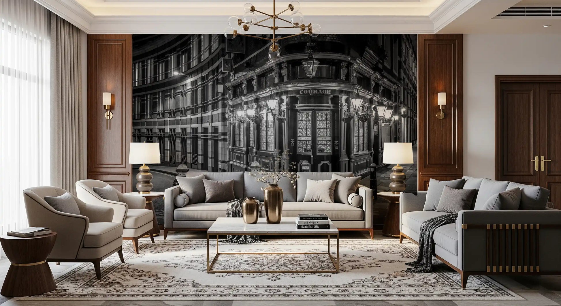 Evening cityscape wall mural with glowing shopfronts and streets