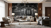 Evening cityscape wall mural with glowing shopfronts and streets