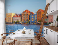 Tropical waterfront wall mural featuring colourful Dutch architecture