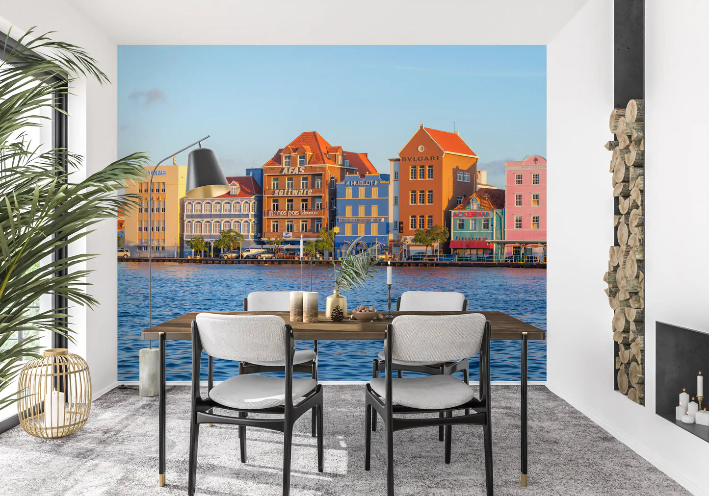 Tropical harbor wall mural featuring vibrant seaside architecture