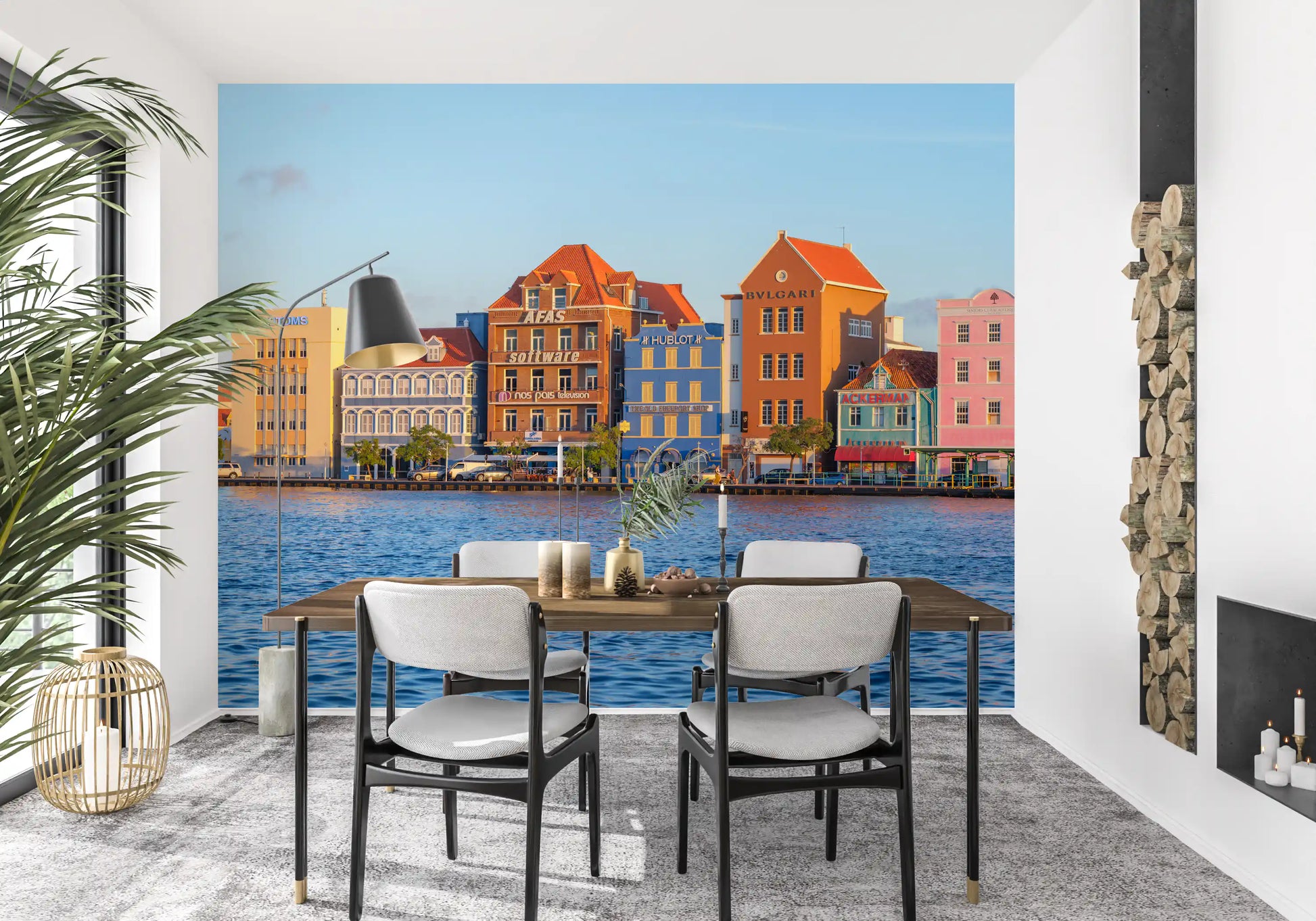 Tropical harbor wall mural featuring vibrant seaside architecture