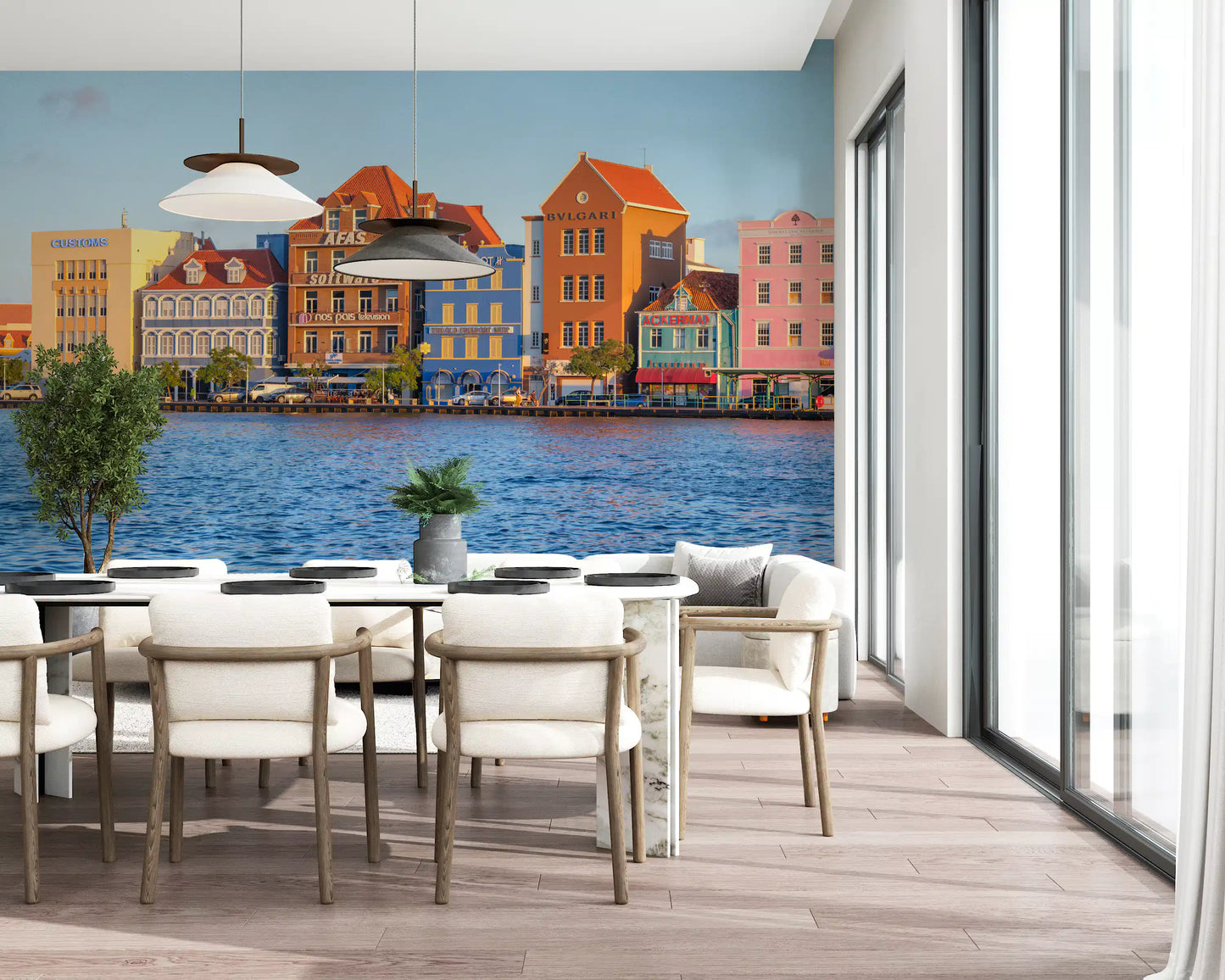 Coastal cityscape wall mural with colourful seaside buildings