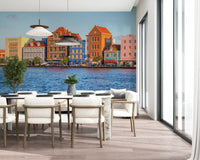 Coastal cityscape wall mural with colourful seaside buildings