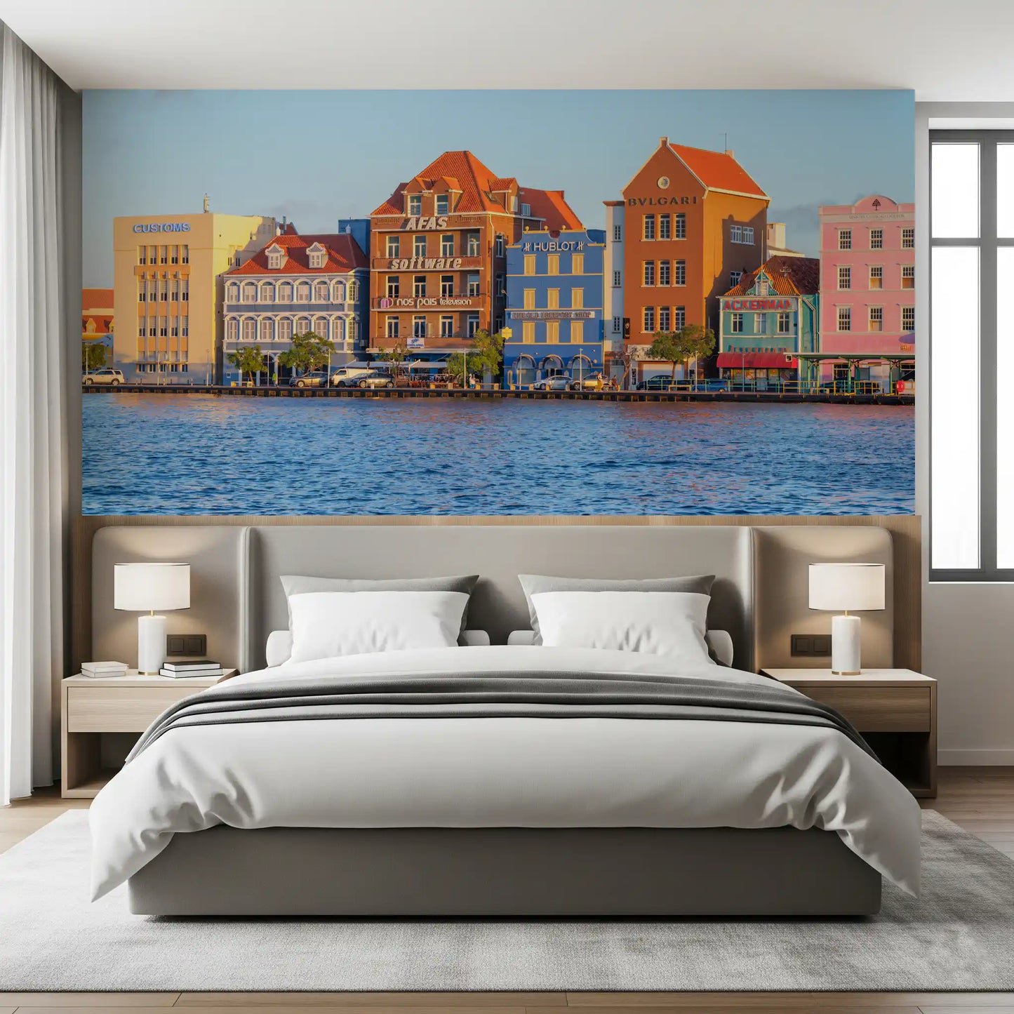Willemstad waterfront wall mural with bright coastal facades