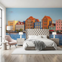 Tropical harbour scene wall mural with vivid architectural colours