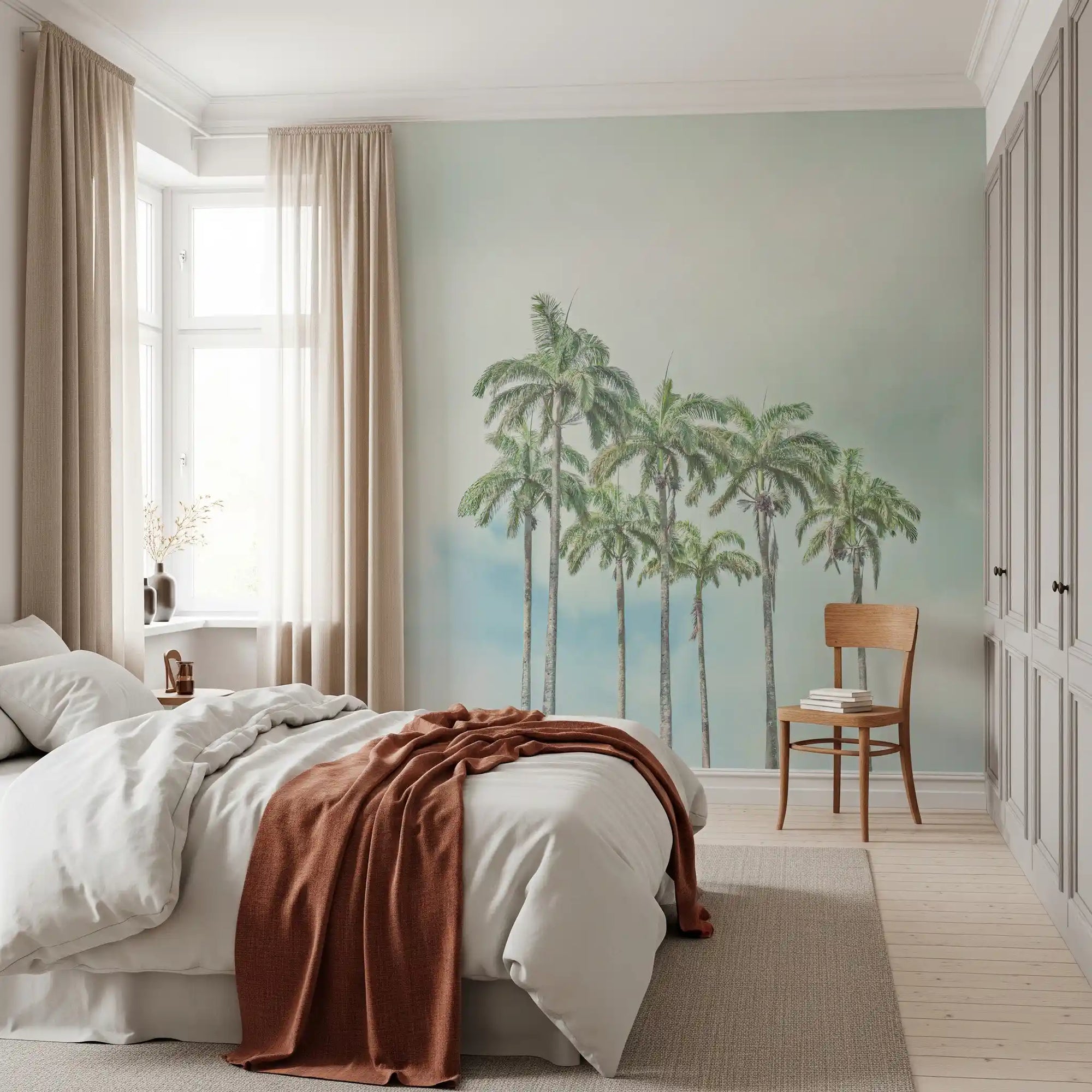 Serene palm horizon wall mural with calm tropical shoreline
