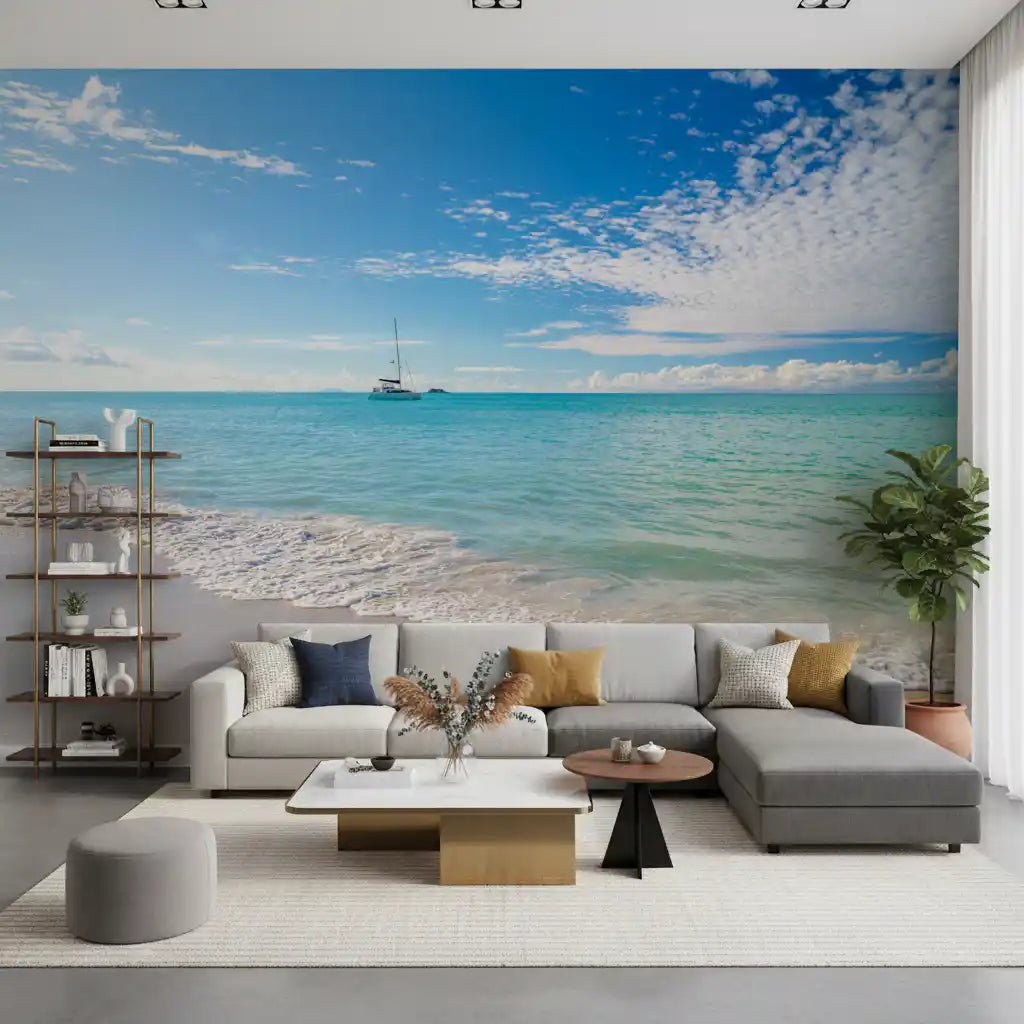 Sandy cove wall mural with turquoise waters and soft beach