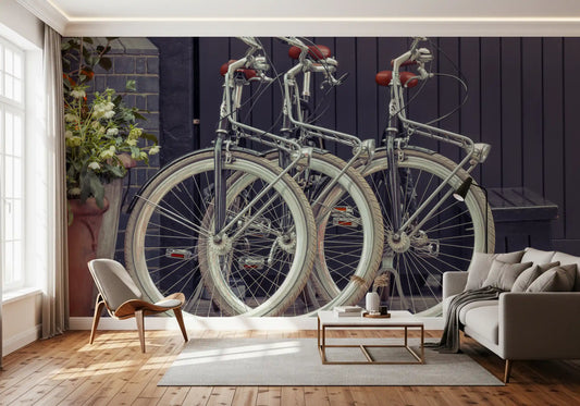 City bicycle wall mural with vintage inspired street scenery