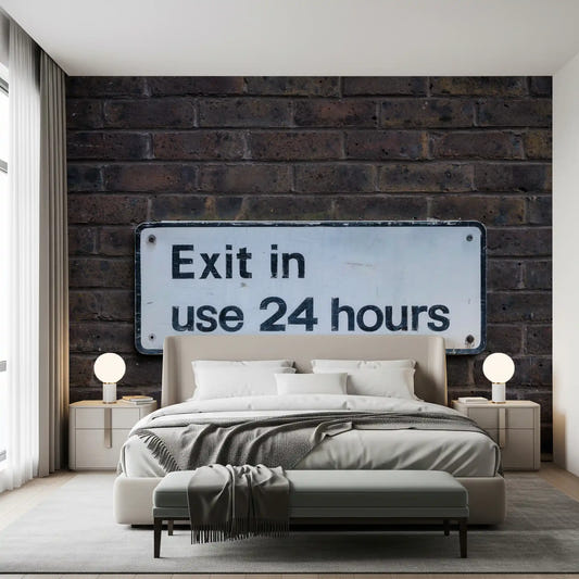 Weathered exit wall mural with aged brick and industrial texture