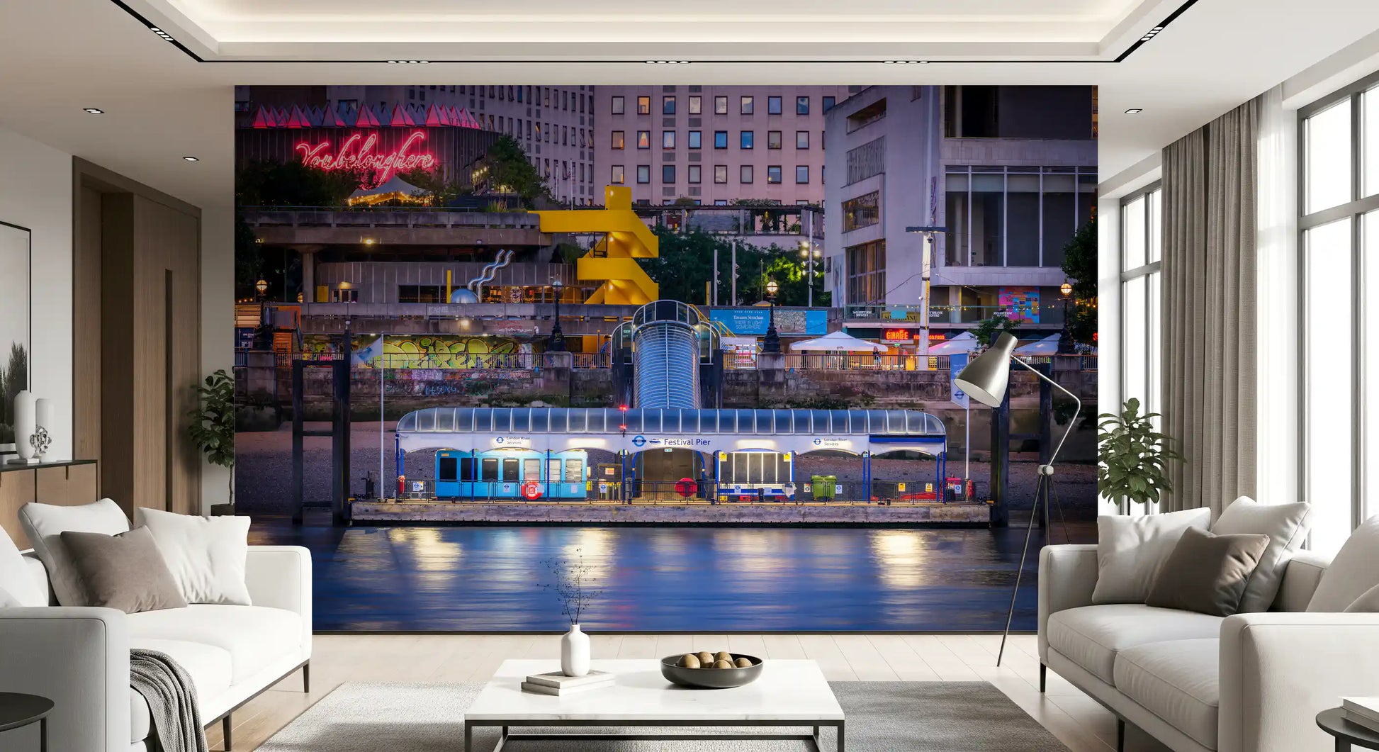 Urban waterfront wall mural with vibrant night city lights
