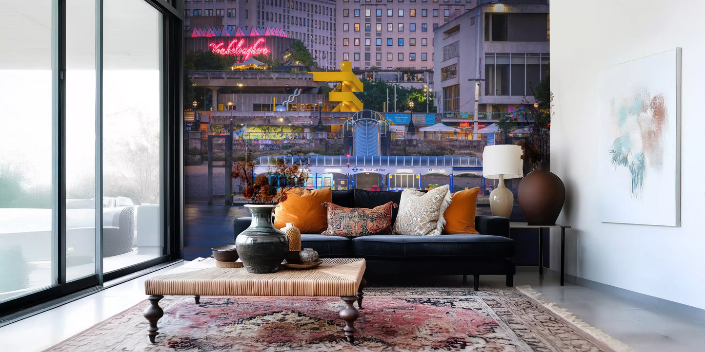 Nighttime cityscape wall mural featuring riverside reflections
