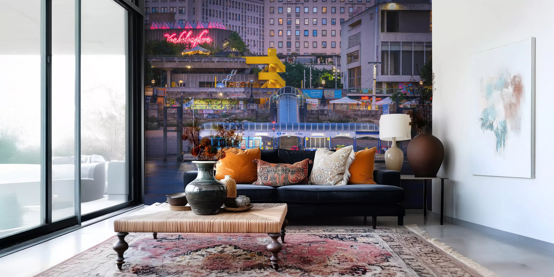 Nighttime cityscape wall mural featuring riverside reflections
