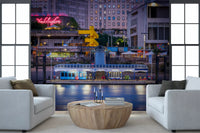 Evening city wall mural featuring reflections along the water
