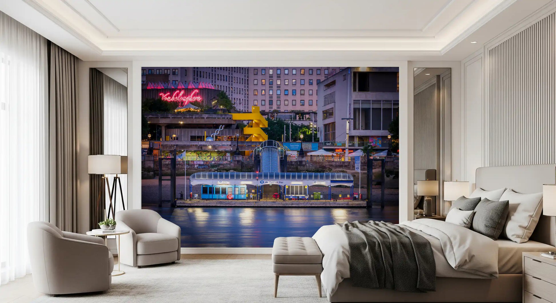 Urban night wall mural showcasing illuminated riverside scenery
