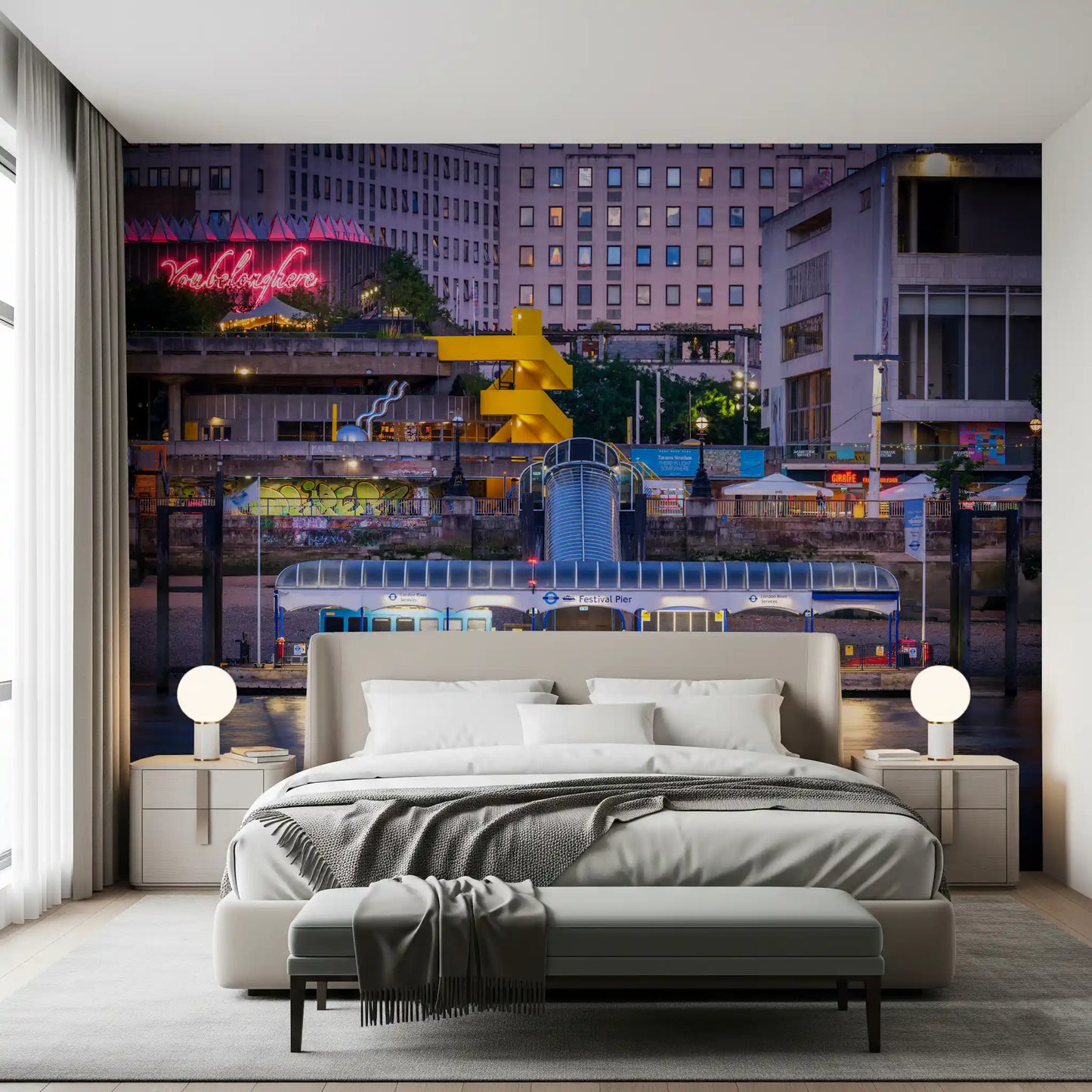 Southbank city wall mural with glowing evening skyline view
