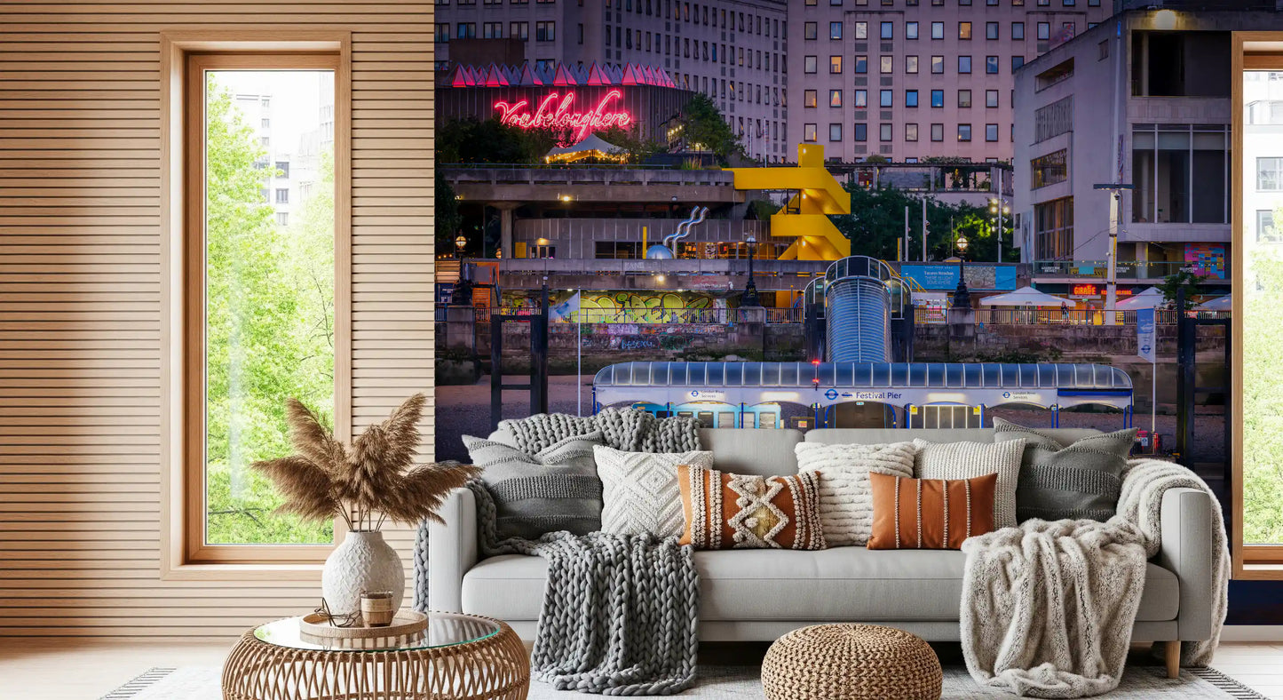 Illuminated waterfront wall mural featuring evening reflections
