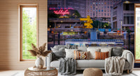 Illuminated waterfront wall mural featuring evening reflections
