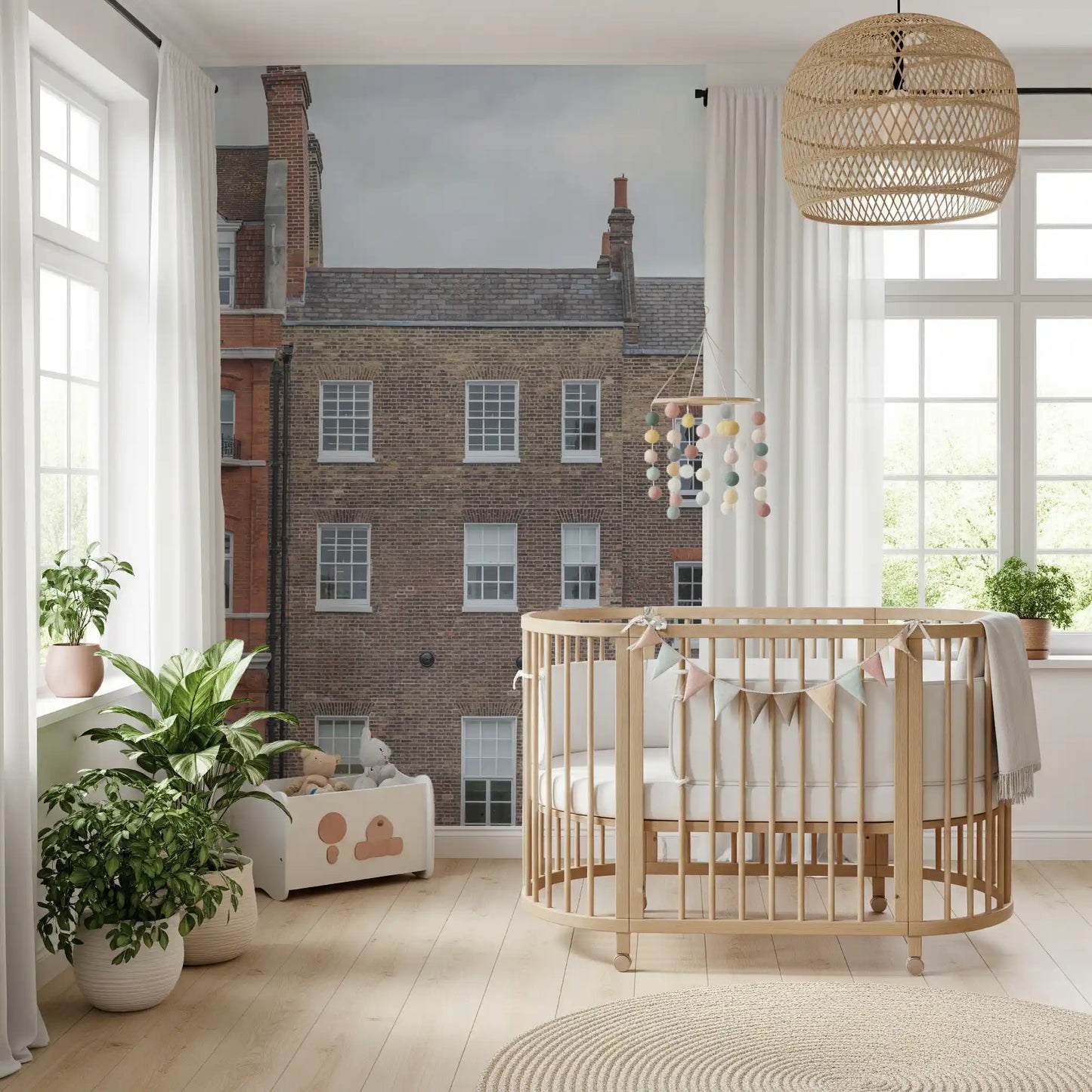 London streetscape wall mural with detailed period facades
