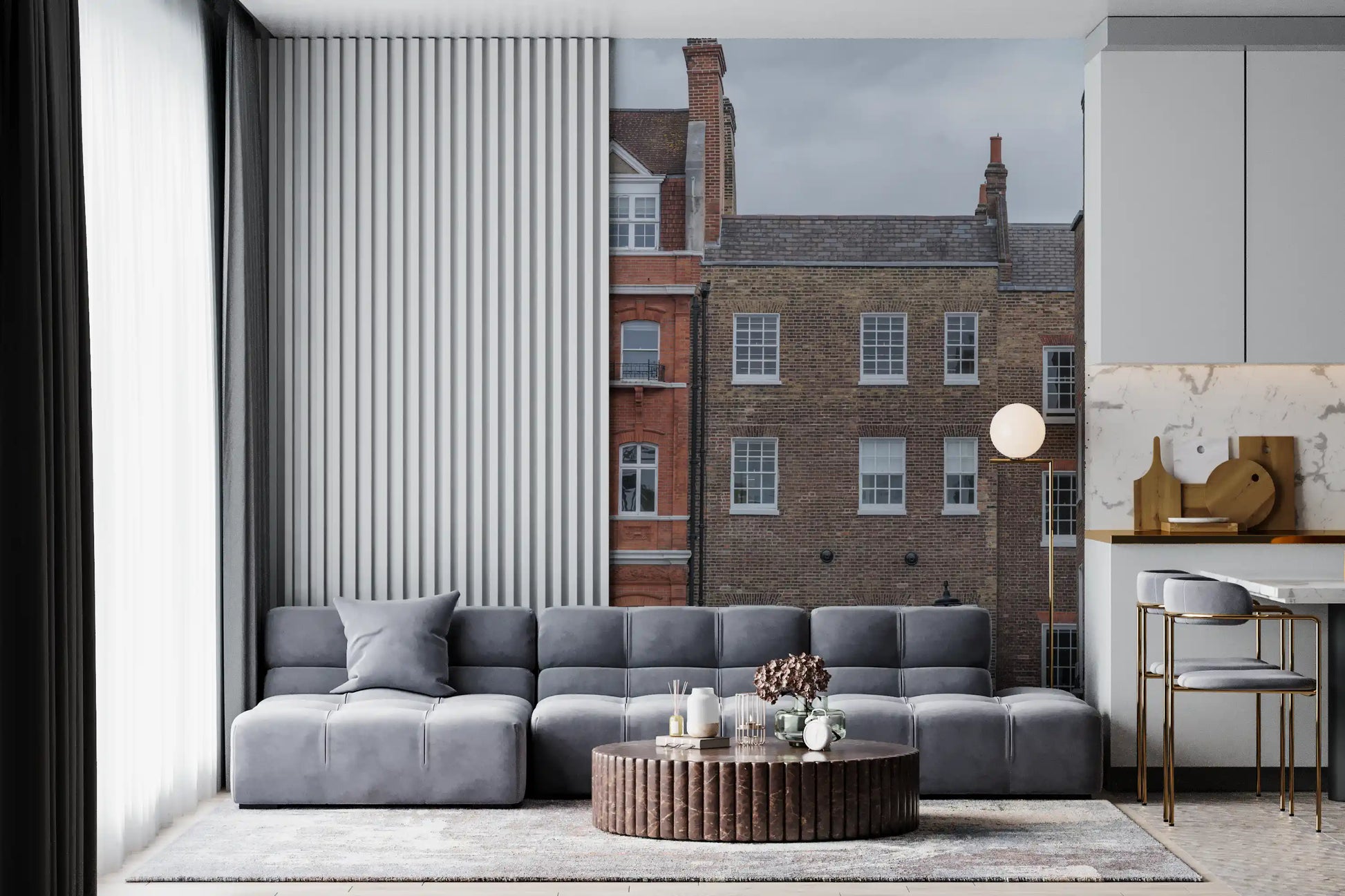 Architectural streetscape wall mural with historic city styling